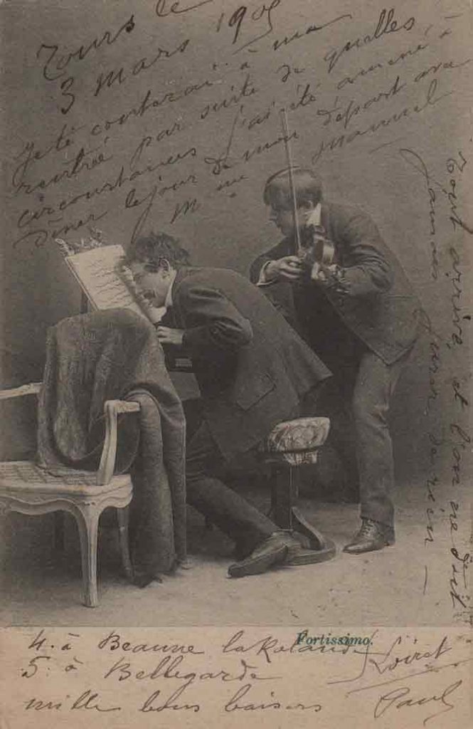 Indexation : Duo piano violon##Légende : Concerto déconcertant, Fortissimo##Editeur : I. A.##Epoque : Ancienne##Date : 1905 (manuscrit)##Propriété : Série16,05-mdv