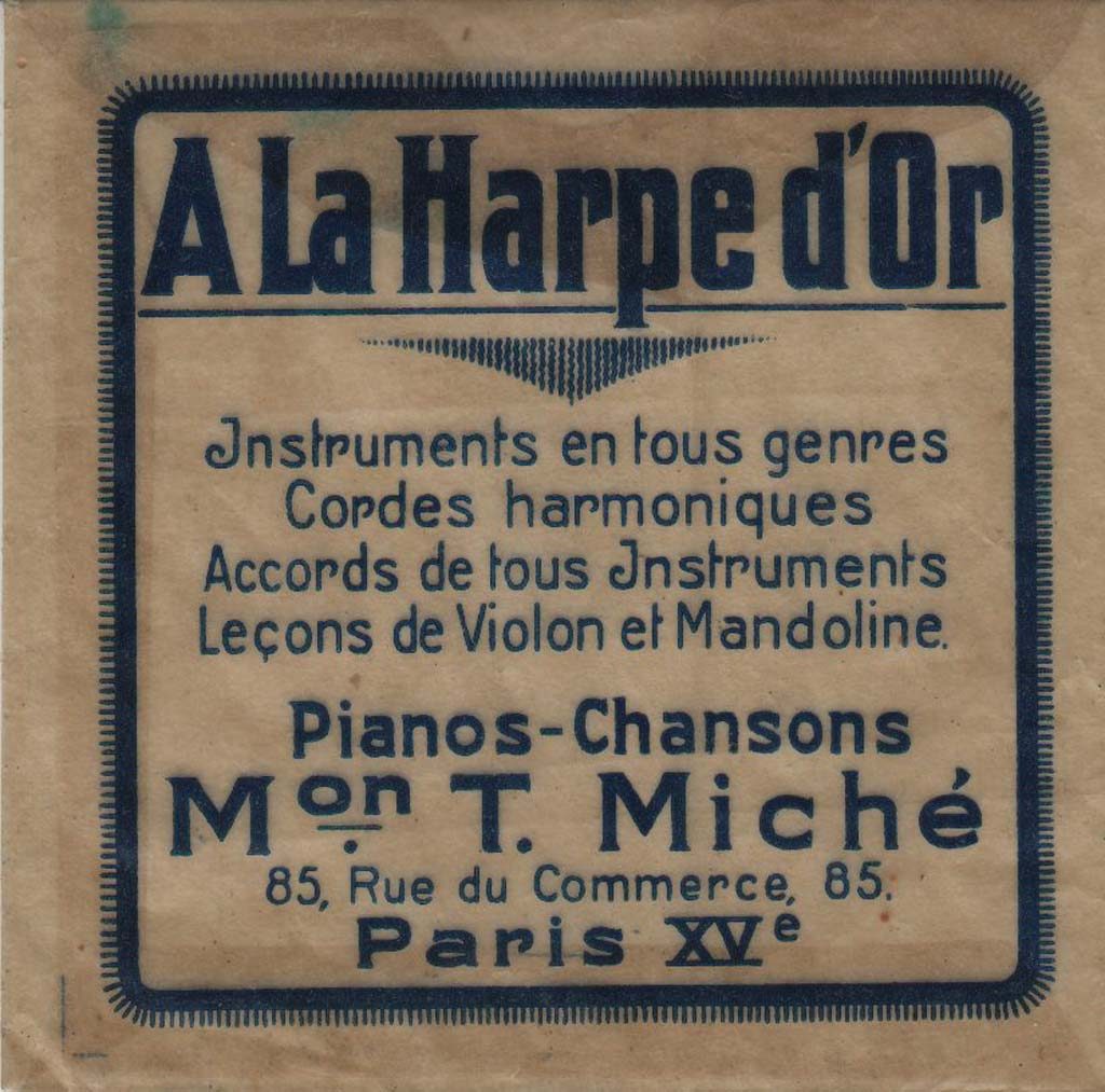 Légende : A la harpe d’or, Mon T. Miché,##85 rue du Commerce Paris XVe##Propriété : Sac-024-mdv